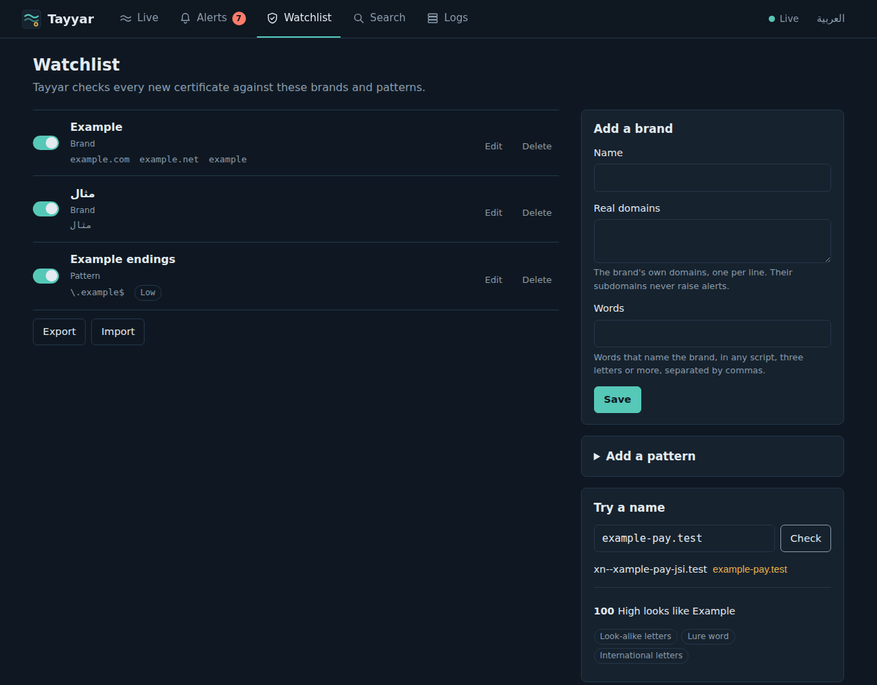 The watchlist with the add brand form and a tested name
